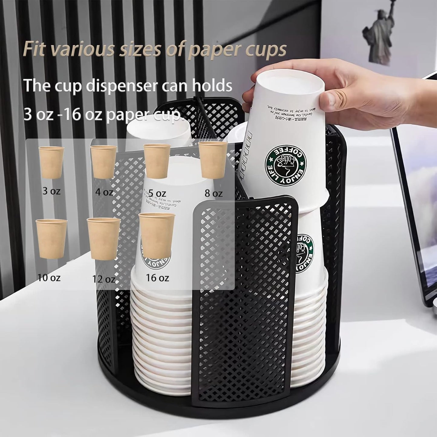 Plastic Cup and Lid Holder, Coffee Cup Dispenser Organizer for Countertop, Breakroom, Bathroom, Kitchen Cabinet - Black