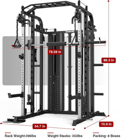 DONOW Smith Machine with Weight Stacks, Multi Function Home Gym System Training Power Cage Squat Rack Dual Cable Crossover Machine All in One