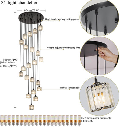 Meimond Long Chandeliers for High Ceilings,Modern Crystal Pendant Light,Raindrop Drop Lamp,Hanging Flush Mount Lighting Fixtures for Spiral Staircase,Foyer,Entryway,Living Room,Black (21 Lights)