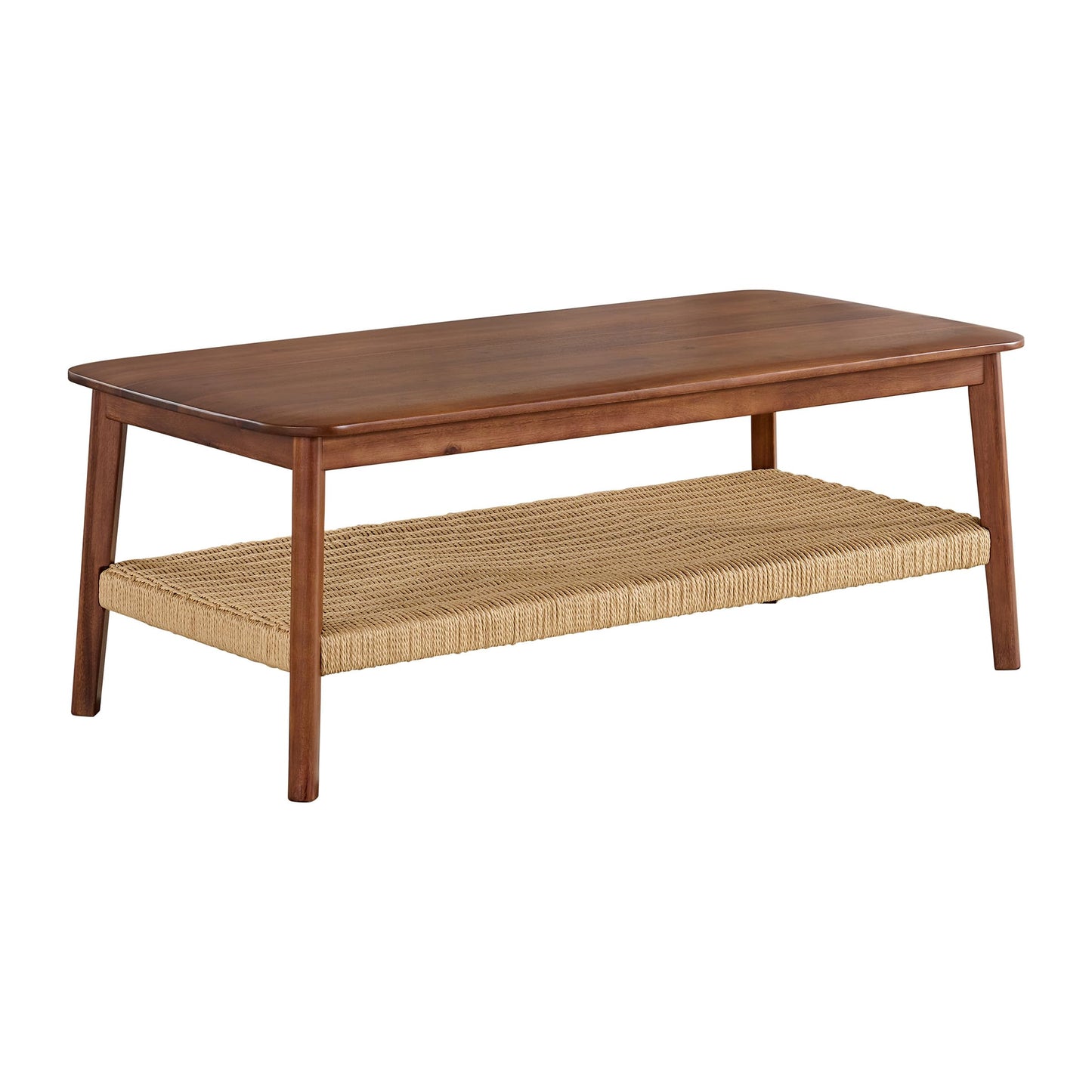 Alaterre Furniture Calais 48 Inch Rectangular Solid Wood Coffee Table with Woven Storage Shelf – Mid Century Modern 2-Tier Living Room Table (Chestnut)