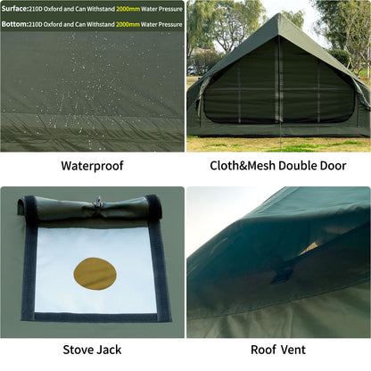 WaldZimmer 6sq Green Inflatable Camping Tent with Hand Pump Easy Setup Waterproof Windproof Outdoor Blow up Tent 3-4 Person Oxford 4 Season Glamping Air Tents Cabin House with Mesh Windows & Door