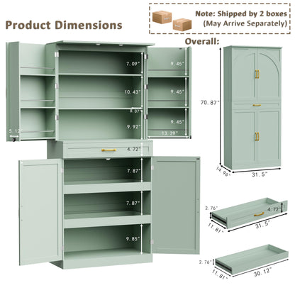 HQZX 71’’ Tall Kitchen Pantry Cabinet, Pantry Storage Cabinet with 6 Doors Shelves, Large Drawer & 2 Pull Out Shelves, Freestanding Cupboard for Kitchen, Dining Room, Green