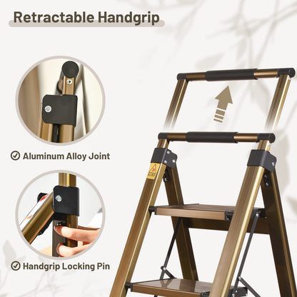 XinSunho 4 Step Ladder, Aluminum 4 Step Stool with Retractable Handrail and Anti-Slip Wide Pedal, Folding Stool Ladders 4 Steps, 330lbs Safety Household Slim Ladder