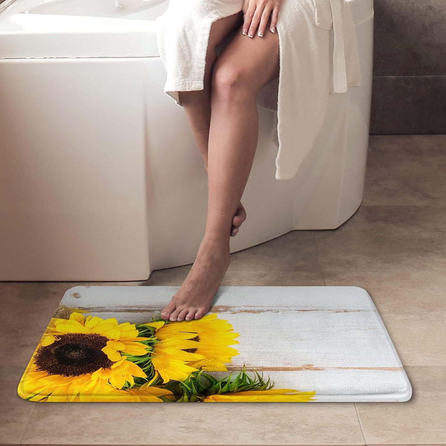 Britimes Bath Mat, Yellow Sunflower Washable Floor Rug 18x30 Inches for Bathroom Kitchen Bedroom Decor