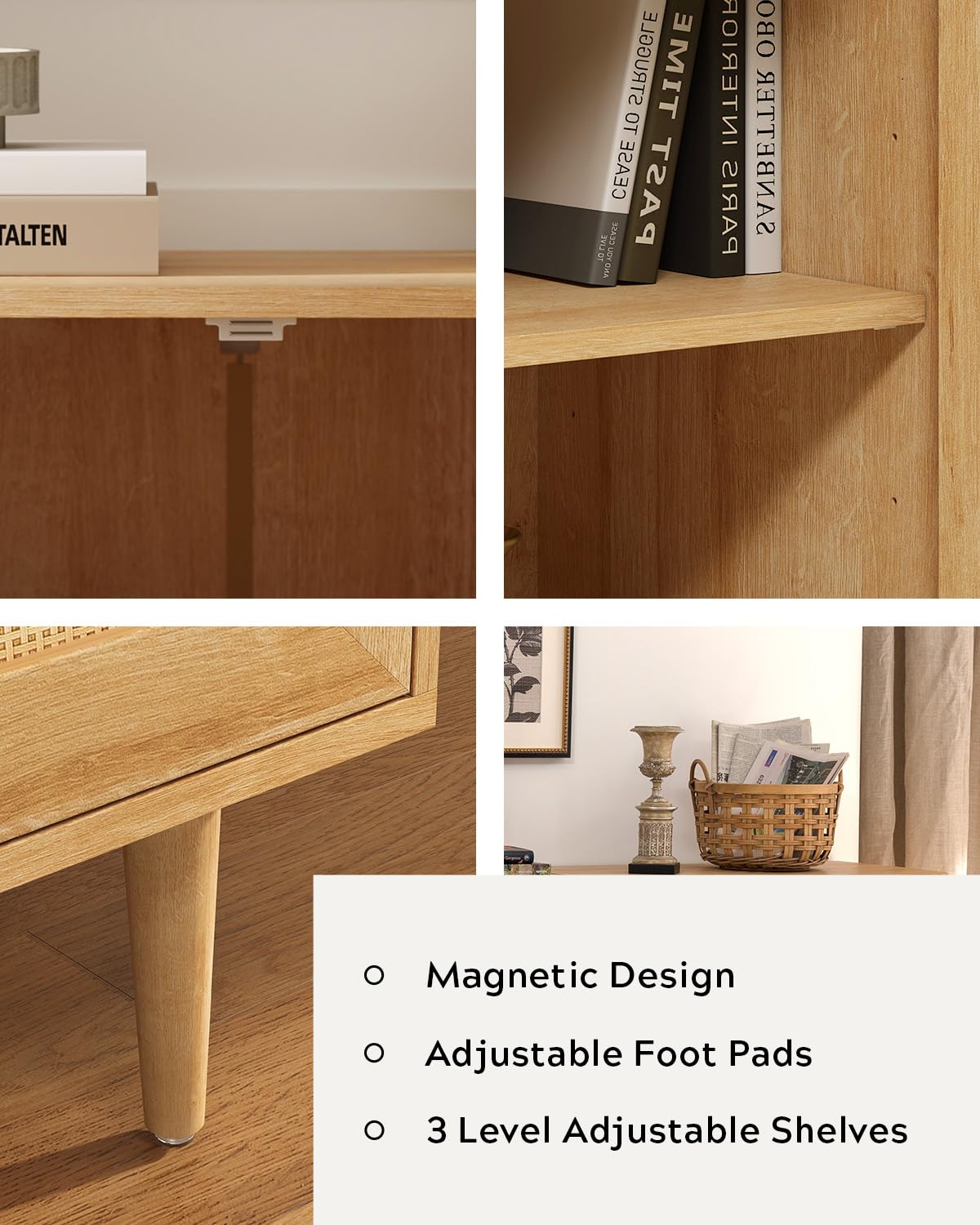 MoomJiee Rattan Door Storage Cabinet with Adjustable Shelves, Set of 2 New Wood Buffet Cabinet with Magnetic Design, Large Buffet Sideboard for Kitchen Living Room, Natural Oak