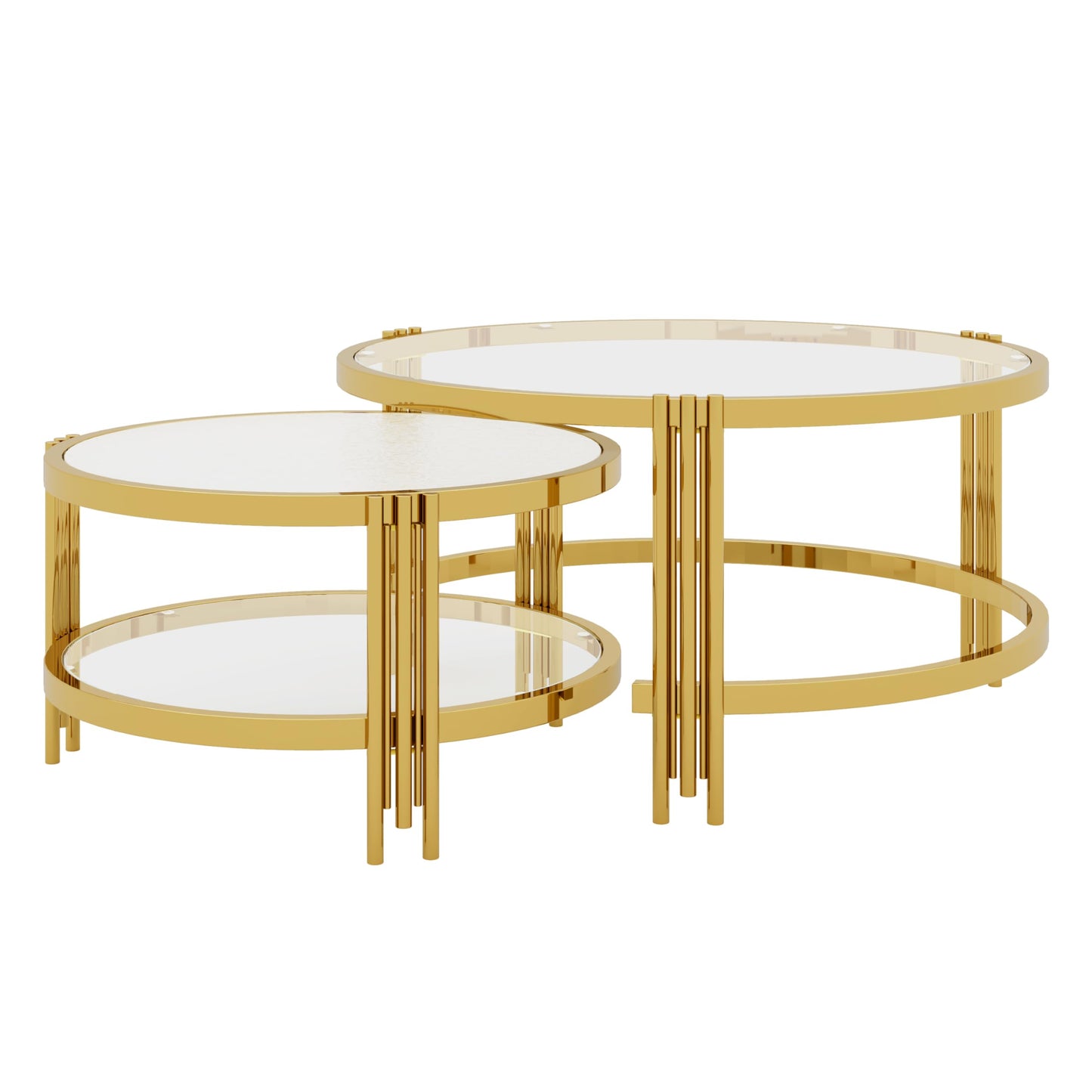 Merax 2-Piece Nesting Round Coffee Table Set, Gold Finish Metal Frame with Textured Tempered Glass Tops, Modern Stylish Accent & Side Table for Living Room, Bedroom, Apartment, Office, Transparent