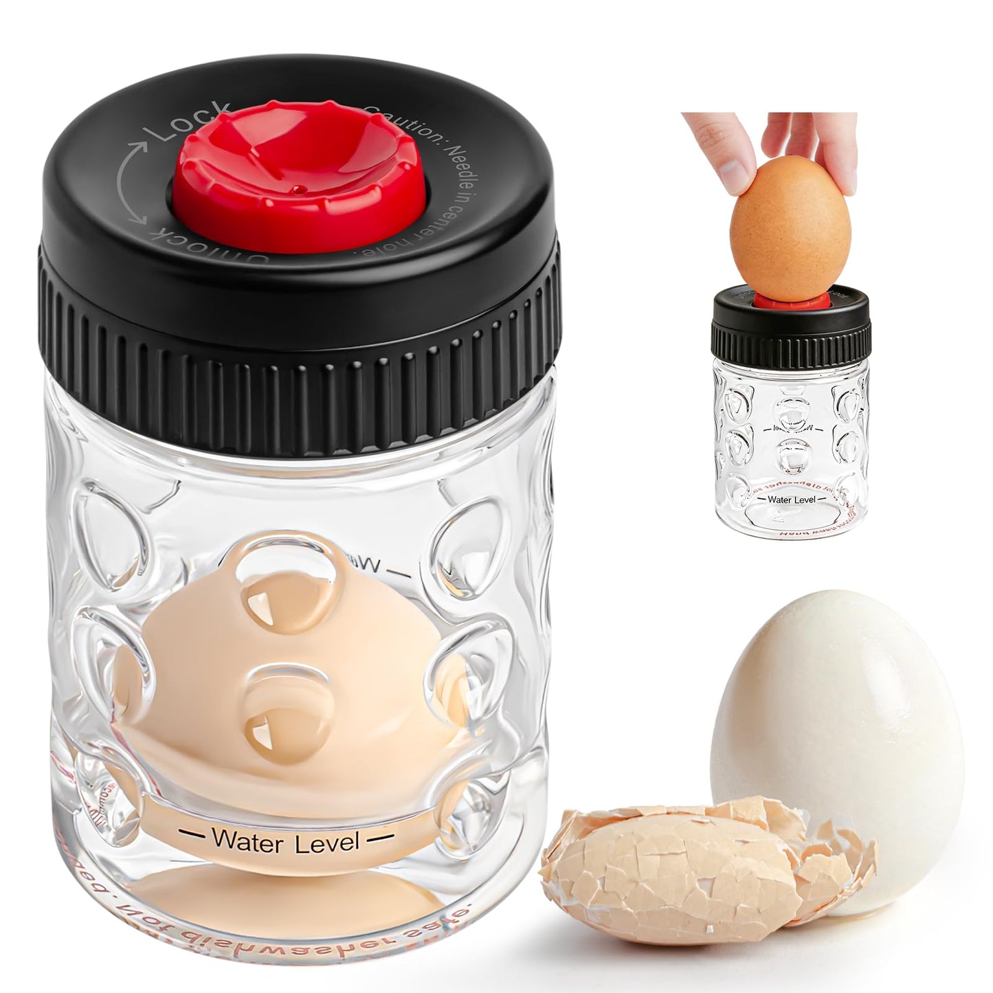 2 in 1 Egg Peeler with Piercer, Hard Boiled Egg Shell Remover Tool with Rotary Lock & Leak-Proof Design, Clear Egg Peeler for Meal Prep, Fitness, Camping & Deviled Eggs, Easy to Use & Clean (Black)