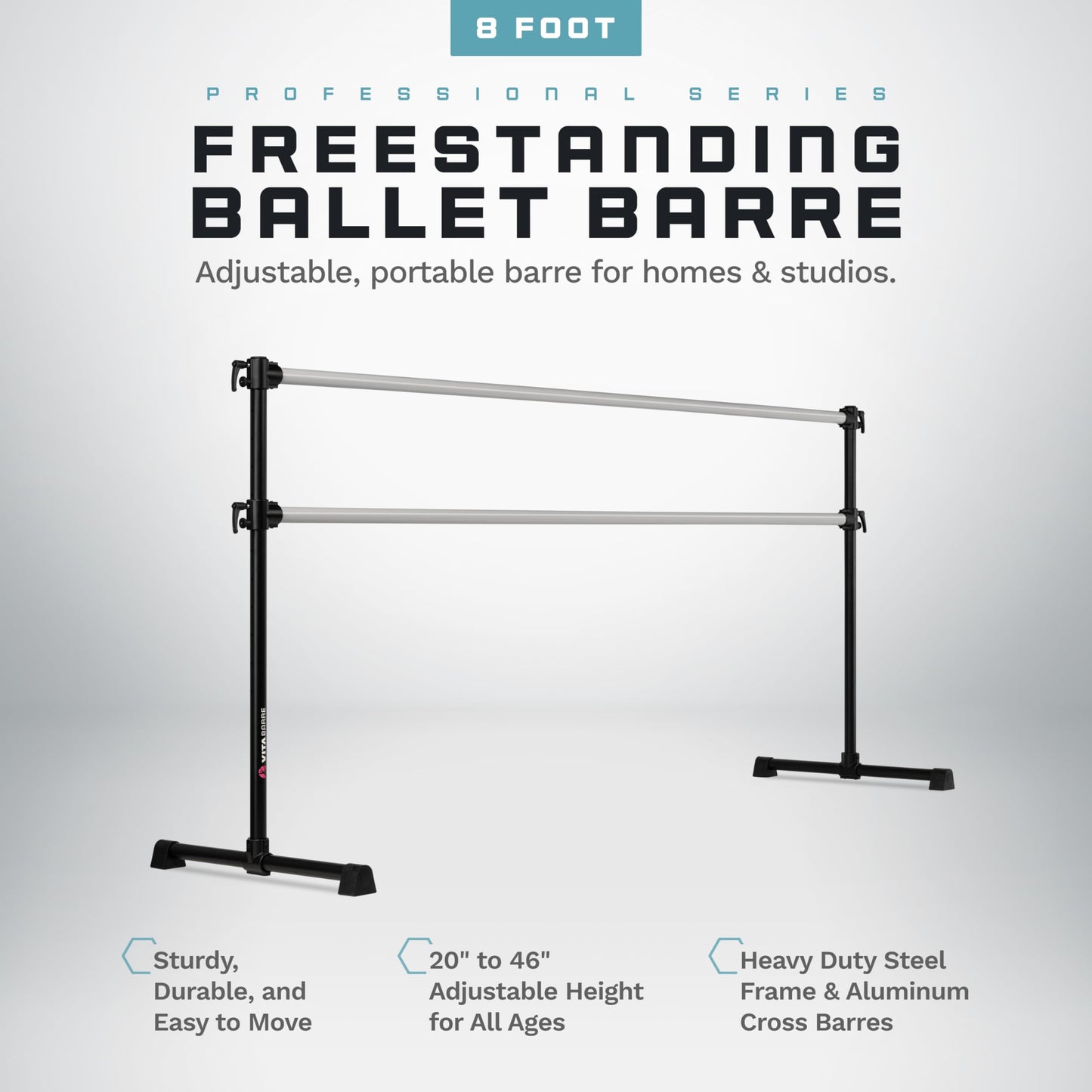 VITA Barre Portable Freestanding Double Ballet Barre, Professional, 8 Ft Bars, Black, Aluminum | Adjustable Height, Made in USA, Home or Gym Exercise Equipment for All Ages | Dance, Fitness, Pilates