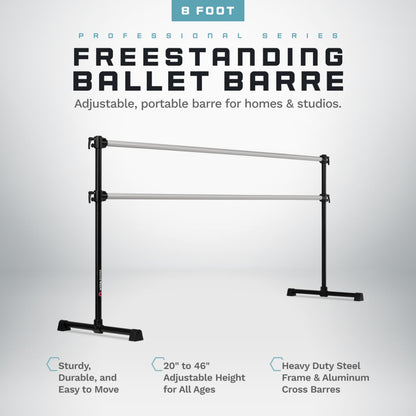 VITA Barre Portable Freestanding Double Ballet Barre, Professional, 8 Ft Bars, Black, Aluminum | Adjustable Height, Made in USA, Home or Gym Exercise Equipment for All Ages | Dance, Fitness, Pilates