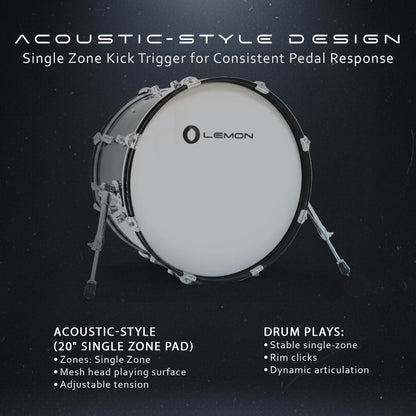 Lemon T950 Electronic Kick Drum - 20"x12" Single-Zone Mesh Bass Drum Trigger Pad, Acoustic-Style Wood Shell, Adjustable Tension, Works with Most Electronic Drum Modules, Quiet Practice, Full Size