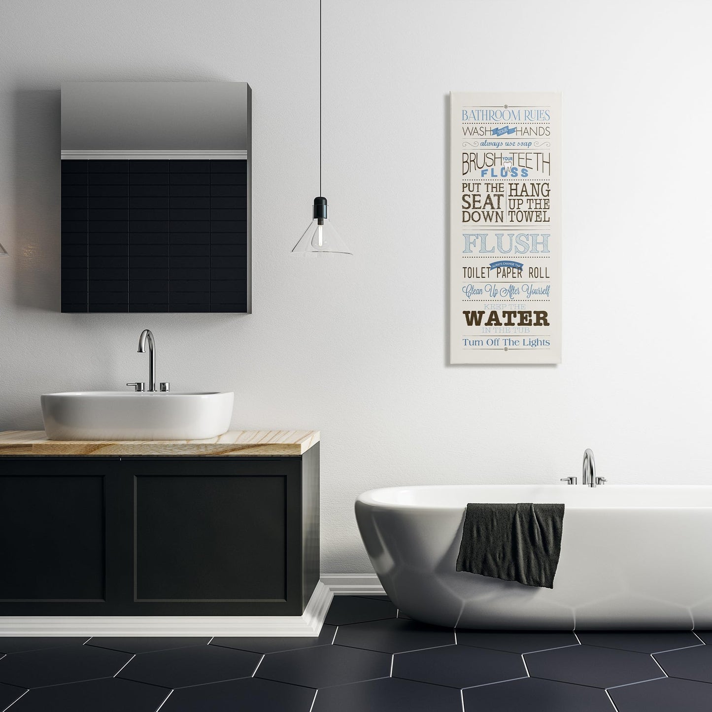 Stupell Industries Rules Blue and Black Print Bathroom, Design by Stephanie Workman Marrott Wall Art, 13x30, Beige