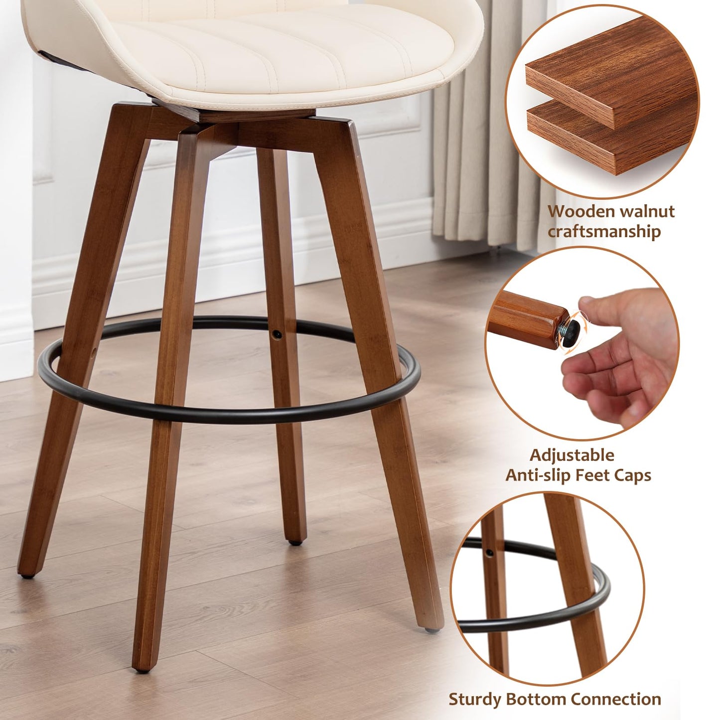 AQG Counter Stools Set of 2, 26.3 Inch Mid Century Modern Counter Height Bar Chairs, Swivel Barstools with Walnut Craft, Faux Leather Upholstered Furniture for Island/Counter (Beige, 26.3"-2 PCS)