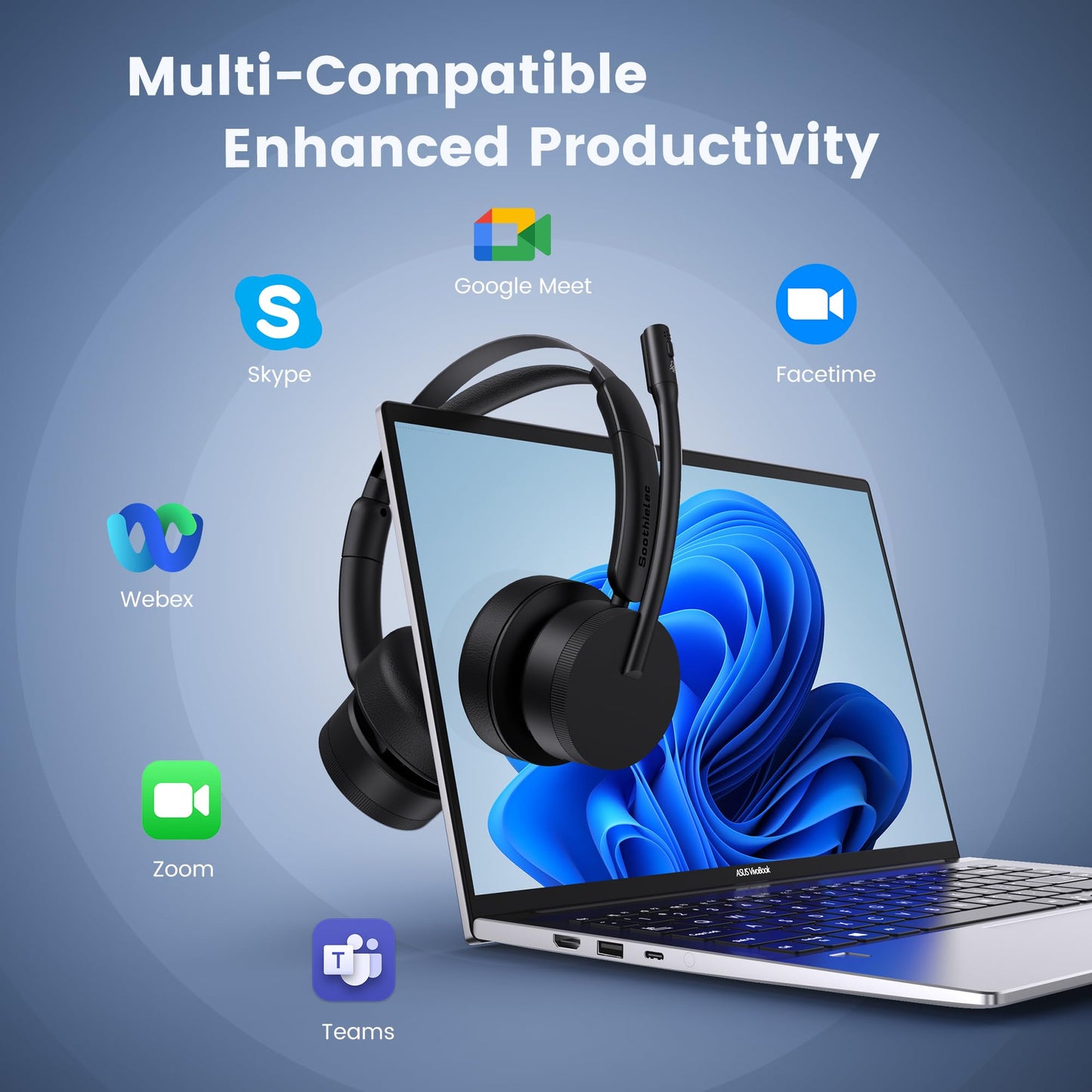 Wireless Headset with Mic for Work(Upgrade Volume Knob & Charging Indicator), Bluetooth Headset with Microphone for PC, with Noise Cancelling/Mute/USB for Call Center/Office/Home/Computer/Teams/Zoom
