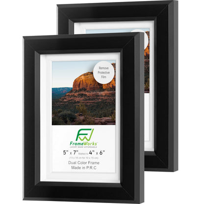 FrameWorks 2-Pack 1 3/8" Thick Black Wooden Shadow Box Picture Frames 5” x 7” with Removable White Mat to 4" x 6" Photo