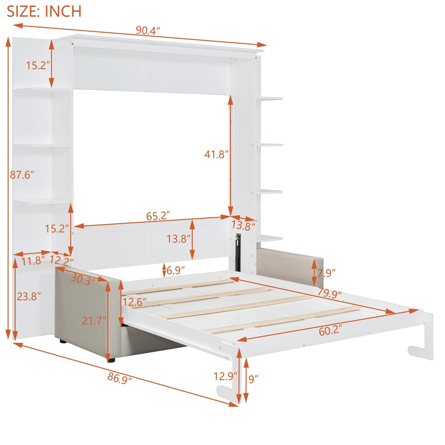 Merax Queen Size Murphy with Sofa and Shelves for Bedroom or Guestroom Wall Bed Space Saving Hidden Bed,No Need Fix to The Wall,Gray