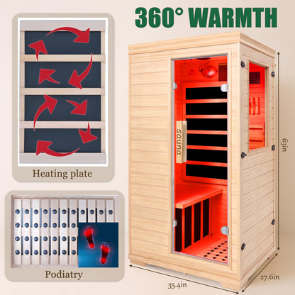 Far Infrared Sauna for 1 Person – 1050W with Bluetooth Speaker, Chromotherapy & Oxygen Ionizer, Indoor Home Sauna with Canadian Hemlock Wood, Relaxation for Home Gym Office – 27”x35”x63”