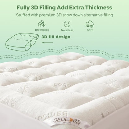 BEDLORE Full Size Mattress Topper - Thick Bamboo Viscose Pillow Top for 6-15 Inch Mattresses | Breathable Comfort & Back Pain Relief