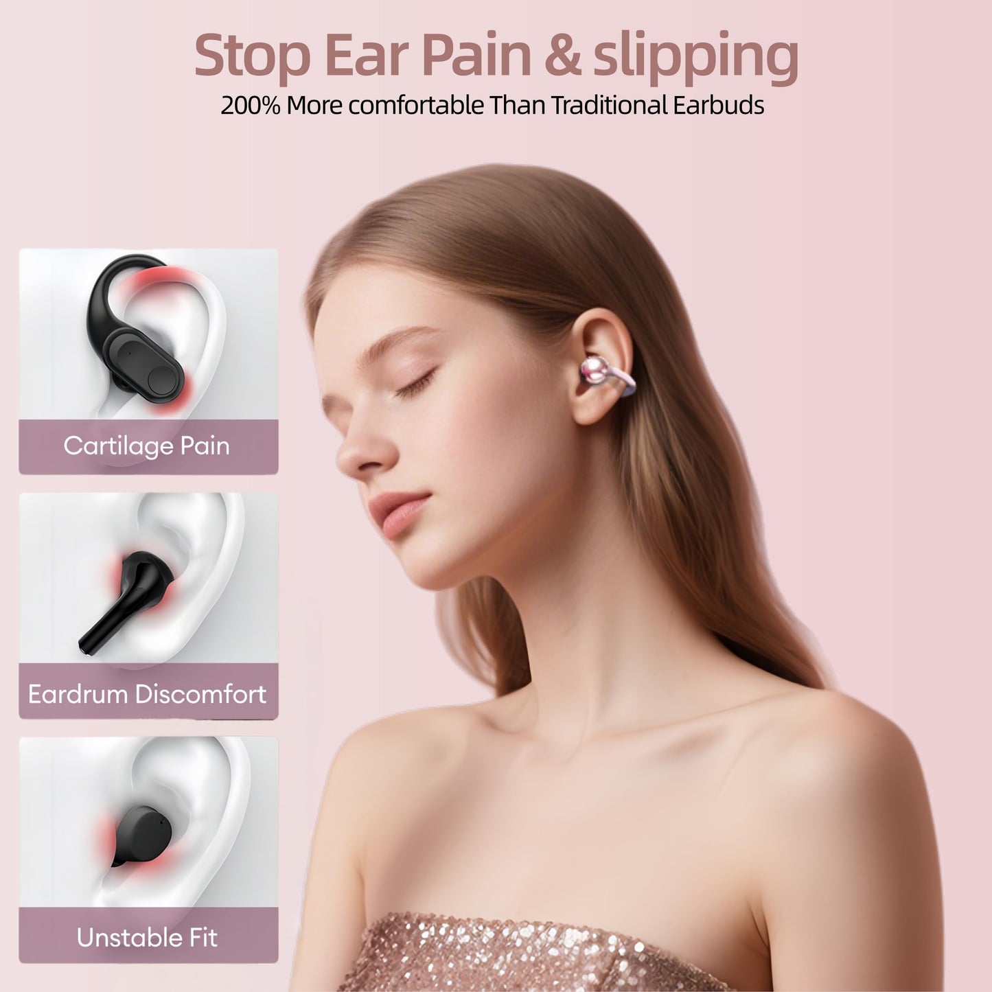 otinsile Open Ear Earbuds,Clip On Earbuds Wireless Bluetooth 6.0 with LCD Touchscreen, Lightweight Comfort Bone Conduction Headphones for Sports, Fitness, and Workouts, Rose Gold