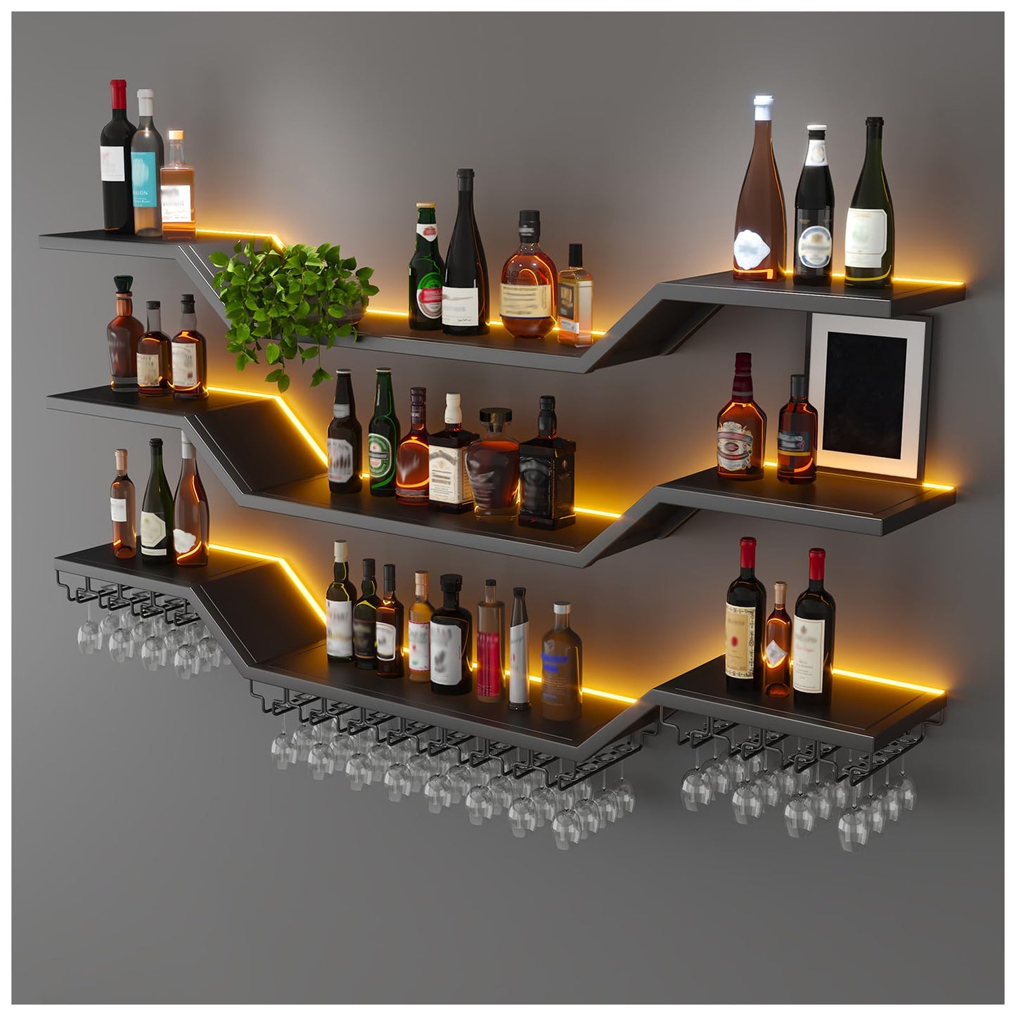 47.2in Modern LED Wine Rack Wall Mounted, 3-Tier Floating Bar Shelves with Wine Glass Rack, Large Hanging Liquor Shelf Wall Mounted, for Home Bar Dining Room Cafe Decorative (Black, 47.2in/120cm)