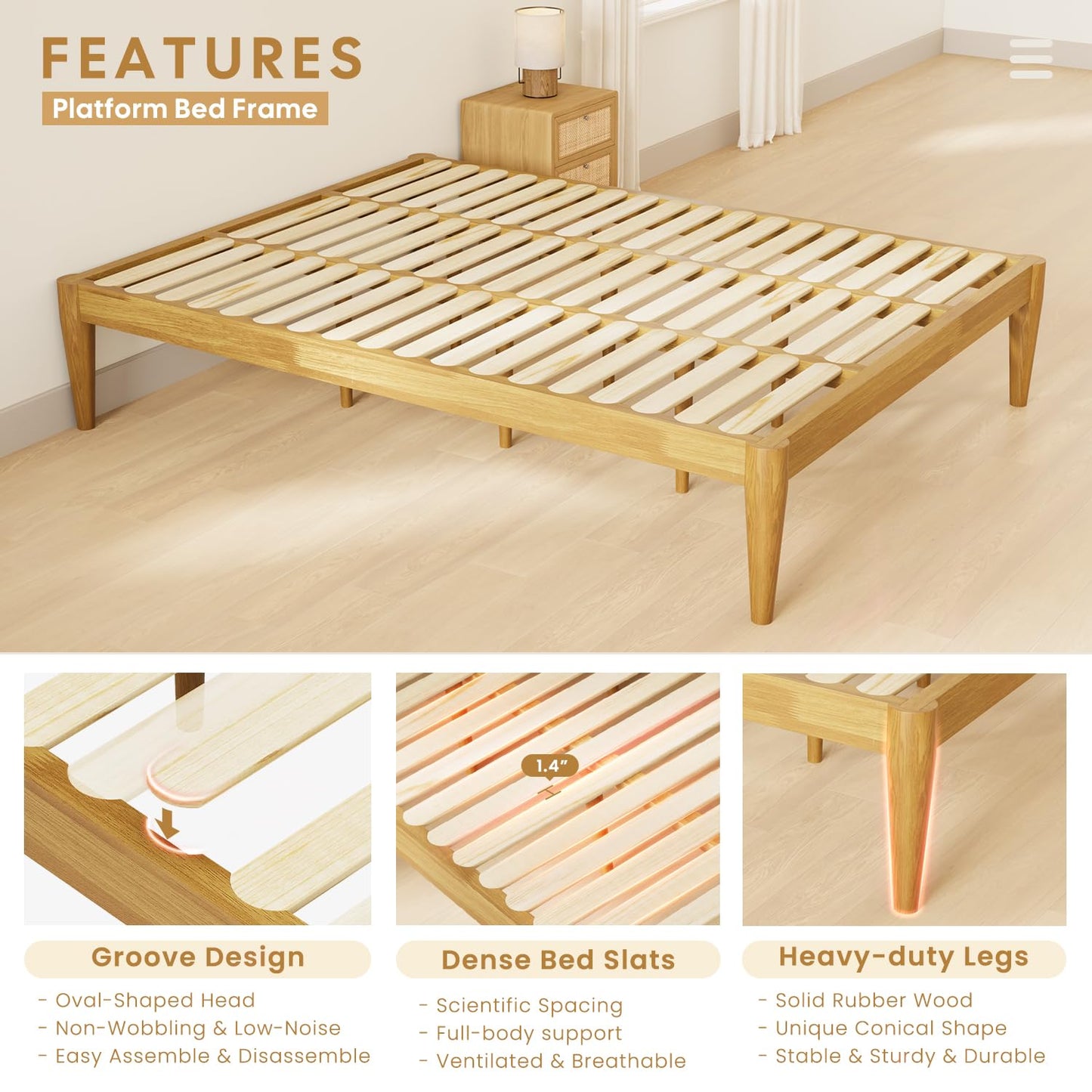 IOTXY Queen Platform Bed Frame - Solid Wood 16-Inch Height Mattress Foundation Base with Densely Slats and Heavy-Duty Support Legs, No Box Spring Needed, Oak