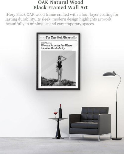 iHery Premium Natural Black Oak Wood Framed Wall Art - Retro Woman Canvas Decor 12x16in | Perfect for Dorms & Living Rooms