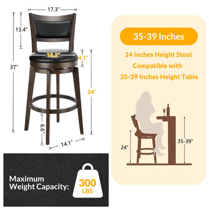 PrimeZone Swivel Bar Stools Set of 4, 24 Inch Counter Height Barstools, Black Faux Leather Bar Stool with High Backrest & Solid Wood Leg & Wrap-Around Footrest, Counter Stools for Kitchen Island, Pub