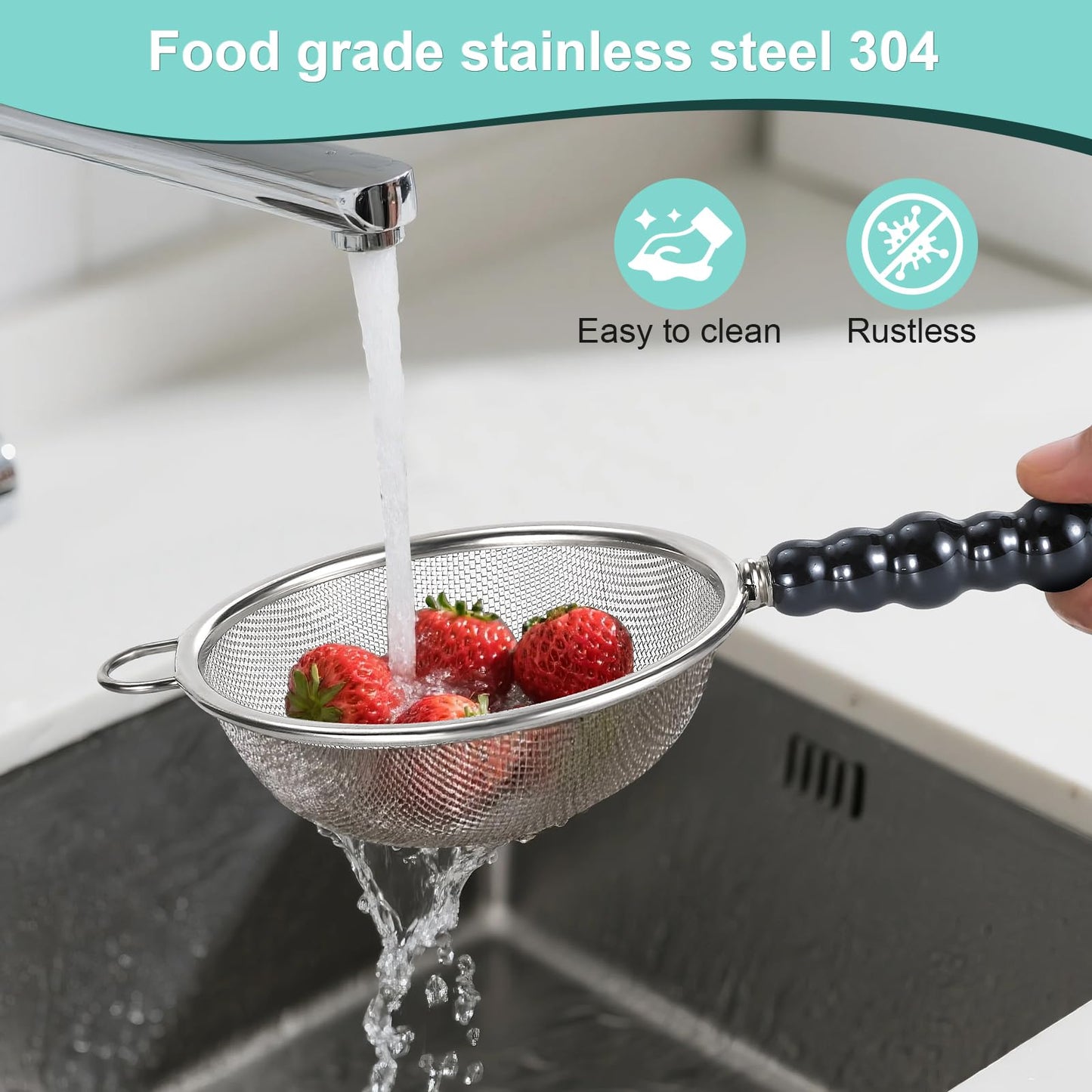 3 Sizes（2.76"+3.15"+3.94") Single Fine Mesh with Non-Slip Ceramic Handle,Perfect for Sift, Strain, Drain Rinse Vegetables