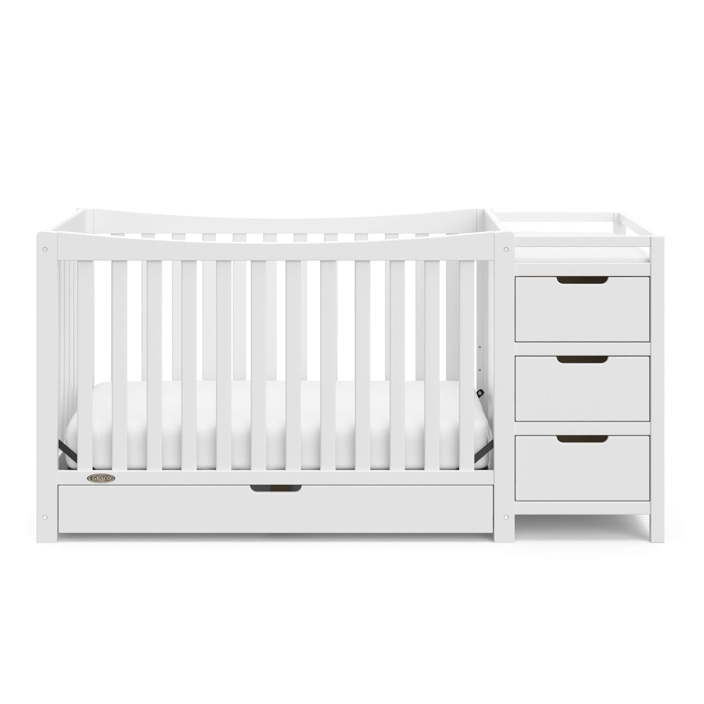 Graco Remi 4-in-1 Convertible Crib & Changer – GREENGUARD Gold Certified, Fits Standard Crib Mattress, Converts to Toddler Bed and Full Bed, 4 Adjustable Mattress Heights (White)