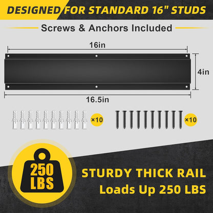 UUP Wall-Mount Garage Rail - Heavy-Duty Design Holds Up to 250lbs | Fits 16-Inch Studs, Black