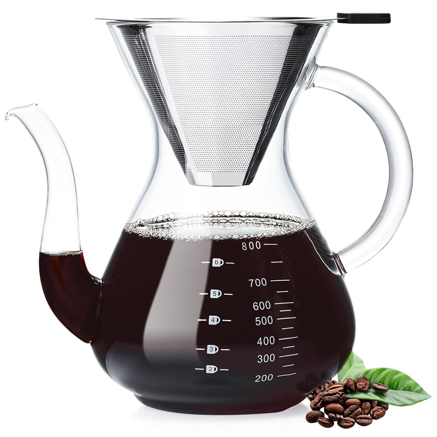Unbreakable - Pour Over Coffee Maker with Double Stainless Filter 27 fl oz, Thickened Heat-Resistant Borosilicate Glass Pour Over Coffee Dripper, Stovetop Safe