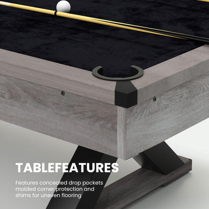 KEIKI 7FT Pool Table with Billiard Balls, Cues, Pool Cue Chalk, Cleaning Brush, X-Legs, Black Cloth, Rustic Grey
