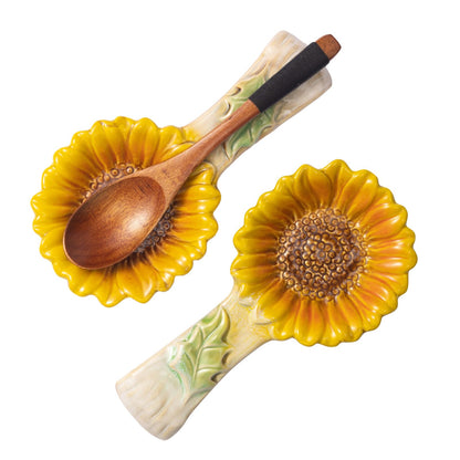 2 Pack Spoon Rest for Stove Top, Sunflower Ceramic Spoon Holder for Kitchen Counter Cooking Utensil Ladle Spatula Holder Cute Spoon Rest Sunflower Kitchen Decor Items House Warming Birthday Gift