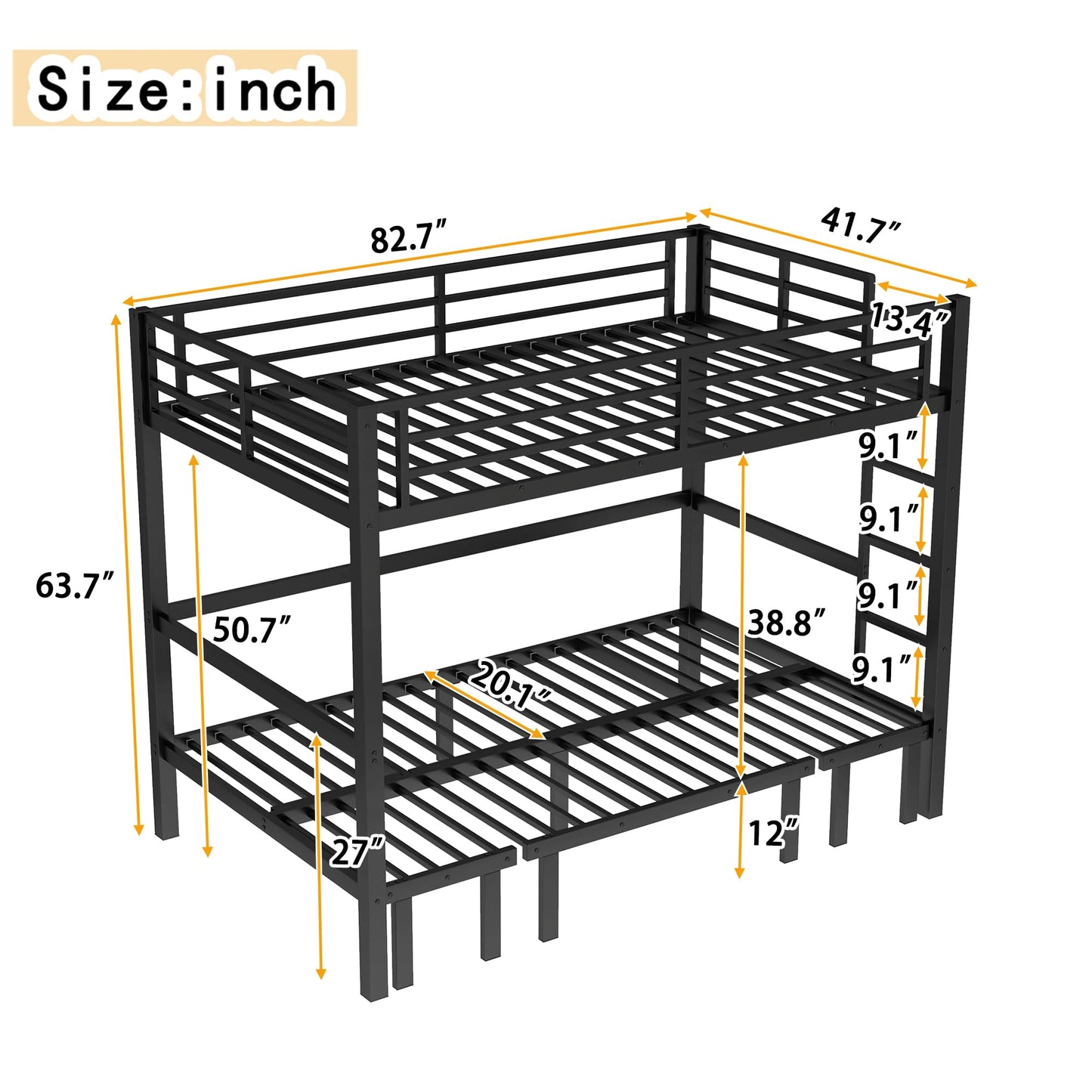 Bellemave Twin XL Over Twin XL Futon bunk Bed, Lower bunk can be Pulled Out in Three Sections, Loft Bed with Sofa for Teens, Adults, Bedroom, Black(Excluding Cushions and mattresses)