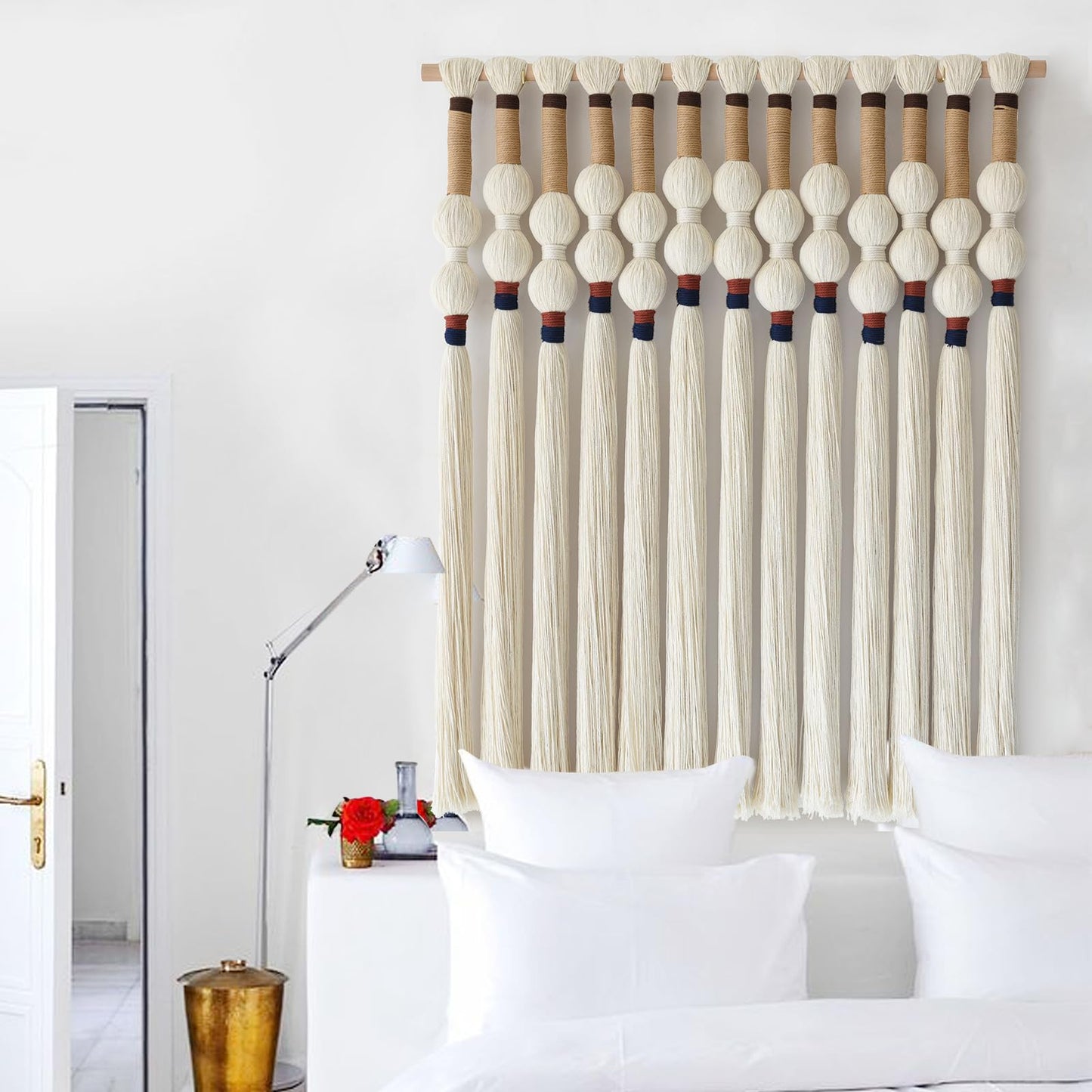 Flber Macrame Wall Hanging Boho Wall Art Handmade Spherical Knot Design with Tassel Fringe, Boho Decor for Bedroom Living Room, for Home Decoration 27" W x 33" L