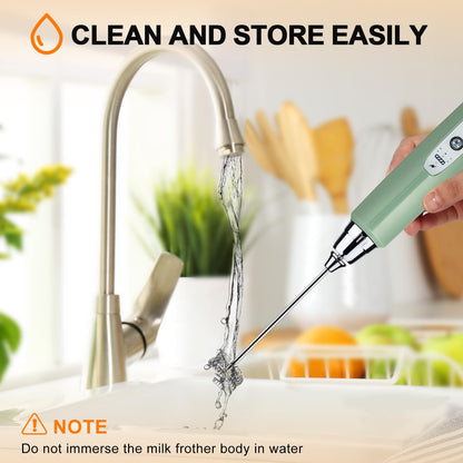 YUSWKO Granite Green Handheld Milk Frother Wand for Coffee, Rechargeable Electric Whisk with 3 Heads 3 Speeds Drink Mixer Coffee Frother For Latte, Cappuccino, Hot Chocolate, Egg