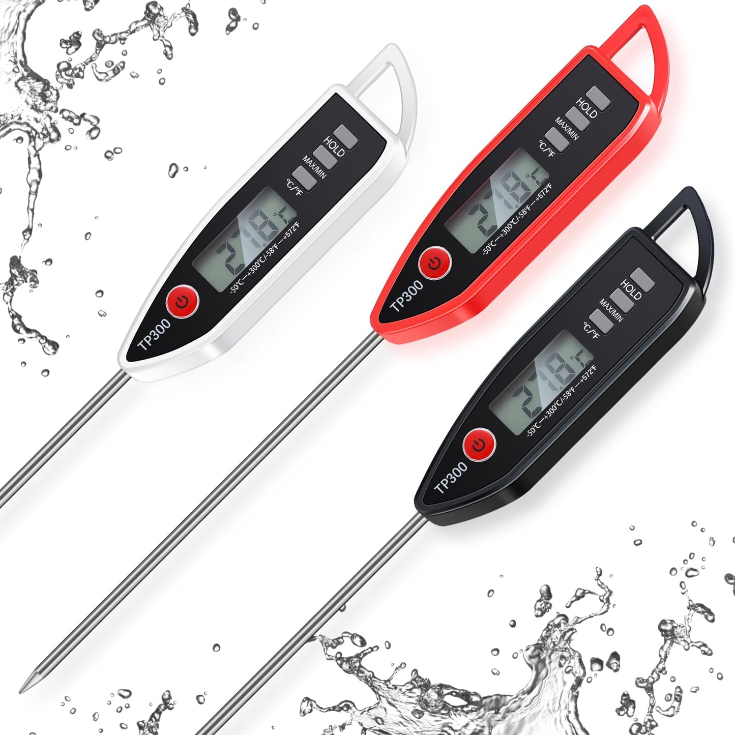 6 Pcs Instant Read Meat Thermometer with Long Probe 9.65 Inch Kitchen Cooking Food Candy Waterproof Digital Thermometer for BBQ Water Milk Yogurt Liquid (Round&Square Ring,Black,White,Red)