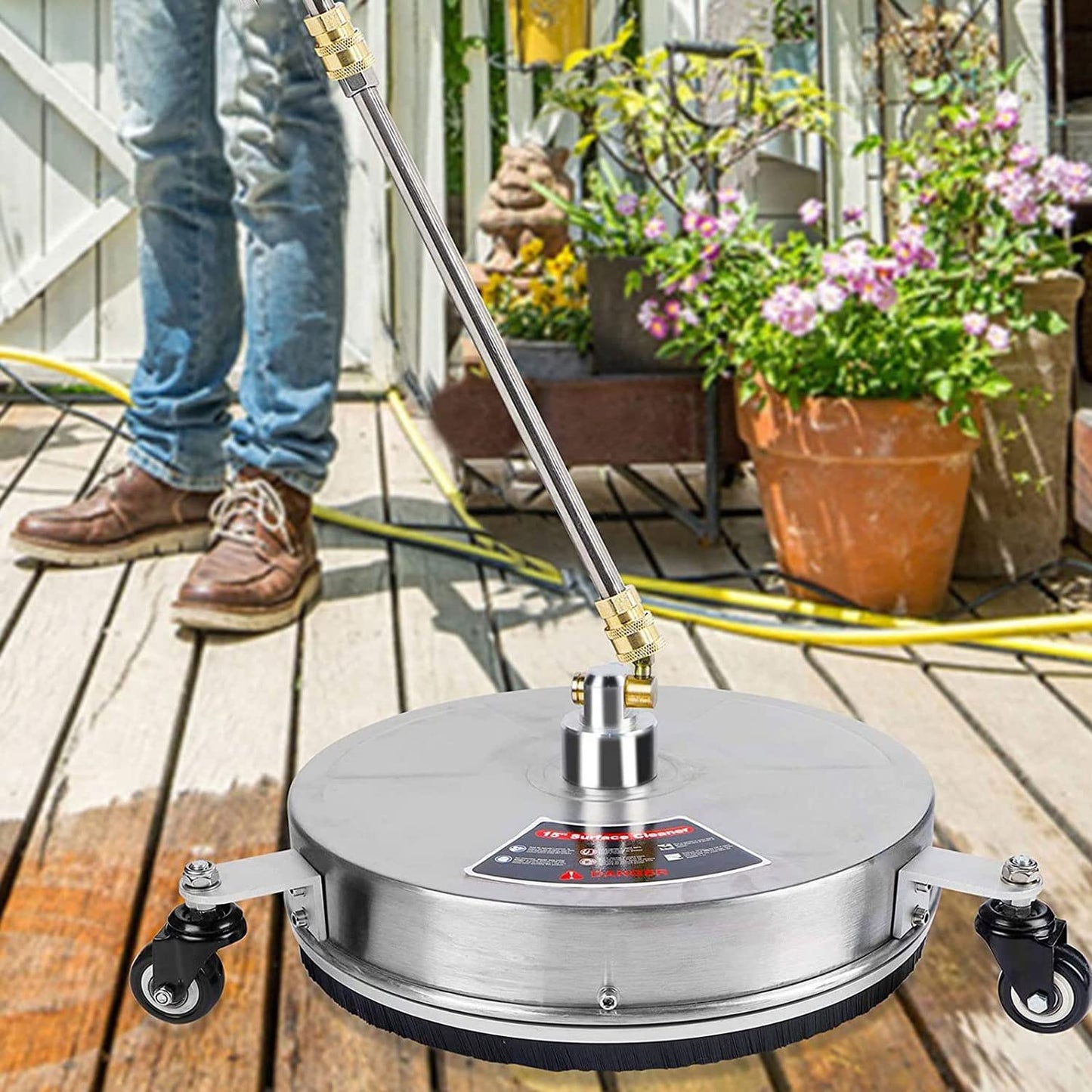 TRELVEX Pressure Washer Surface Cleaner 15'' with Wheels, 4000 PSI Stainless Steel Power Washer Accessory for Driveways Sidewalks Patios Cleaning, 1/4" Quick Connector, 2 ExWand Attachments