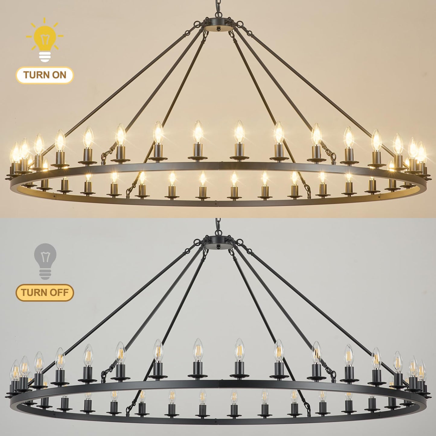 HermnJakk Black Wagon Wheel Chandelier 60-Inch 36-Light,Extra Large Round Rustic Farmhouse Chandelier Metal Circle Chandeliers for Dining Room Living Room High Ceilings