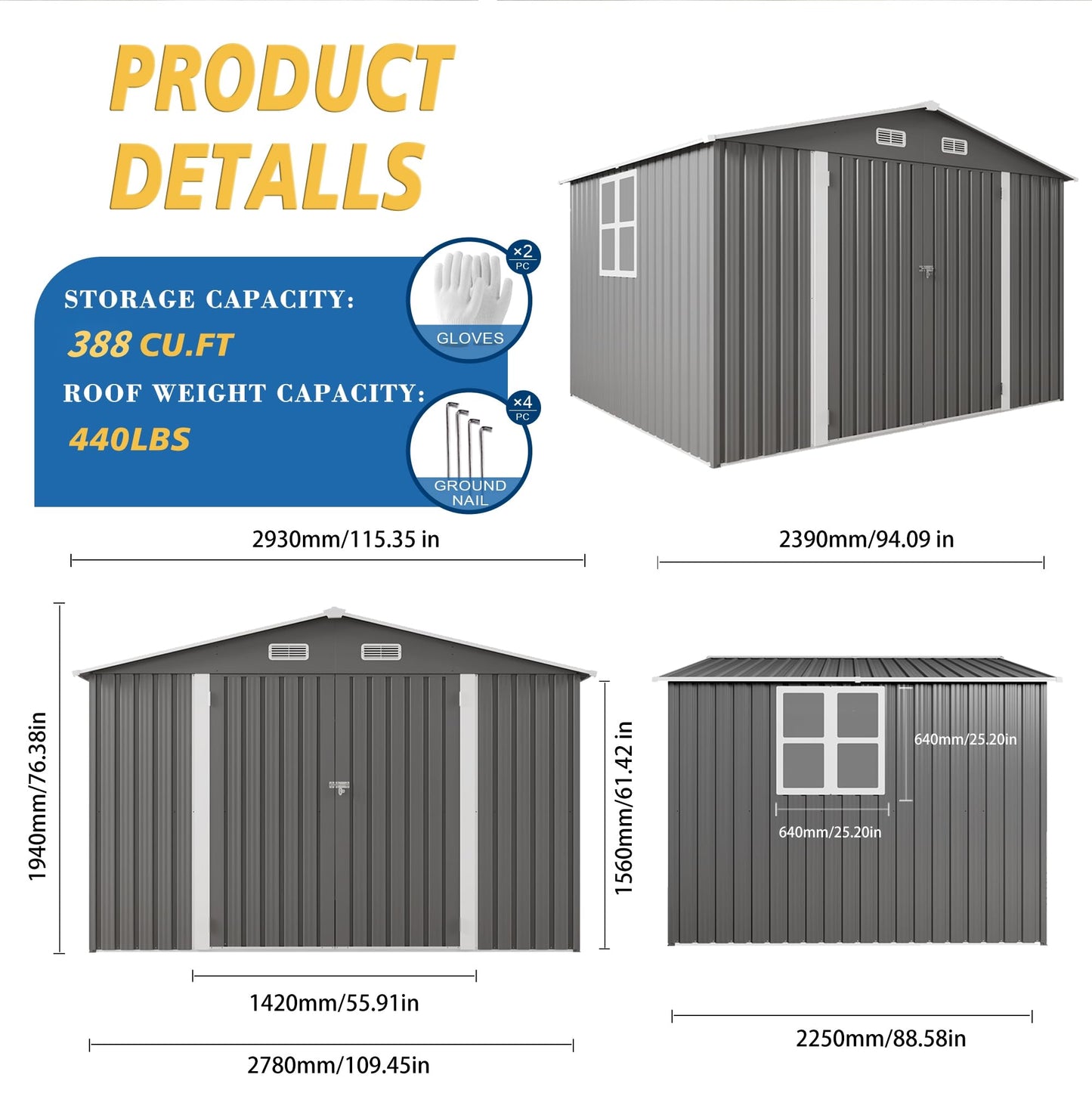 Vigo huseeo 10x8x6.4FT Outdoor Storage Shed, Galvanized Steel Garden Shed with Lockable Door & Window, Waterproof Metal Tool Storage for Garden, Backyard, Patio, Lawn(Grey)