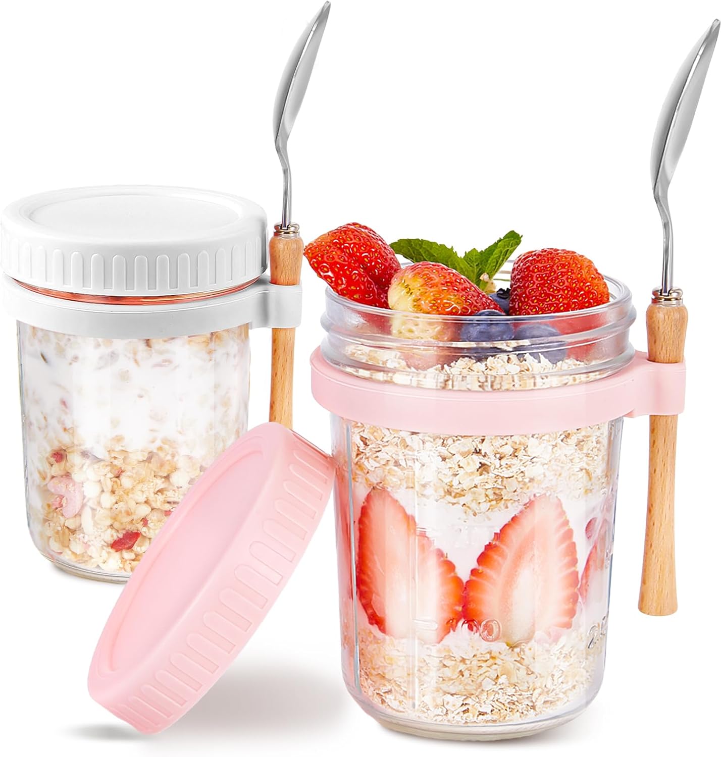 16oz 2 Pack - Overnight Oats Jars with Lids and Spoon, Overnight Oats Container with Lids, Airtigh Oatmeal Containers