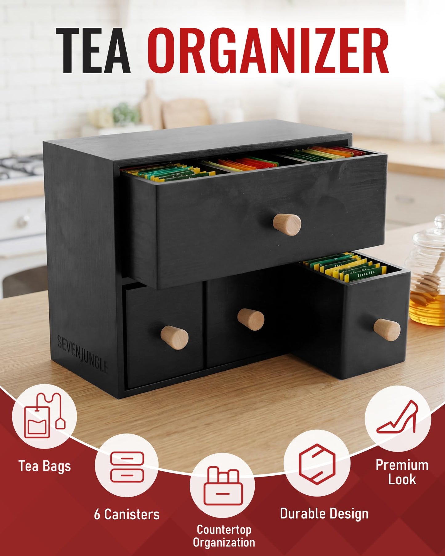 Tea Drawer Organizer for Tea Bags and Coffee Bar Supplies Black Wooden Tea Box with 4 Pull Out Drawers for Countertop Pantry Breakroom and Kitchen Tea Station