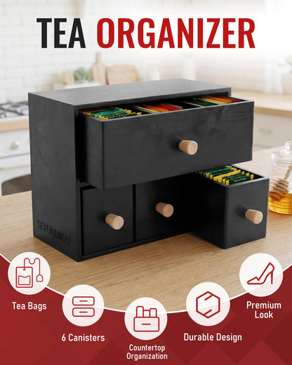 Tea Drawer Organizer for Tea Bags and Coffee Bar Supplies Black Wooden Tea Box with 4 Pull Out Drawers for Countertop Pantry Breakroom and Kitchen Tea Station