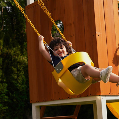 Avenlur Modern Outdoor Backyard Swing Set Children's Rock Climbing Wood Playground Playset 2 Belt Swings, Clubhouse Fort, Windows, Ladder, Wavy Slide Toddlers, Kids Climbers Play Adventure Rock 3-11yr