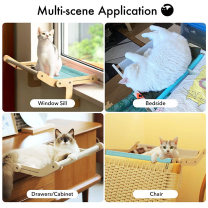 MEWOOFUN Cat Window Perch Lounge Mount Hammock Window Seat Bed Shelves for Indoor Cats No Drilling No Suction Cup (Blue/Grey)