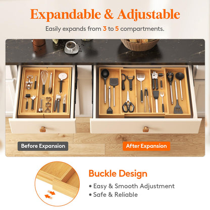 Lifewit Utensil Organizer for Kitchen Drawer, Expandable 13 to 22.4 Inches Wide, Adjustable Cooking Silverware Tray, Bamboo Cutlery Flatware Holder, Spatula Tools and Gadgets Storage Divider, Natural