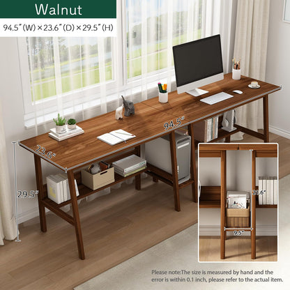 NELYE 2-Person Writing Desk with Bookshelf - 94" Wooden Extra Long Home Office Work Table, Double Study Computer Workstation with Storage Shelves in Walnut, 94" W x 24" D