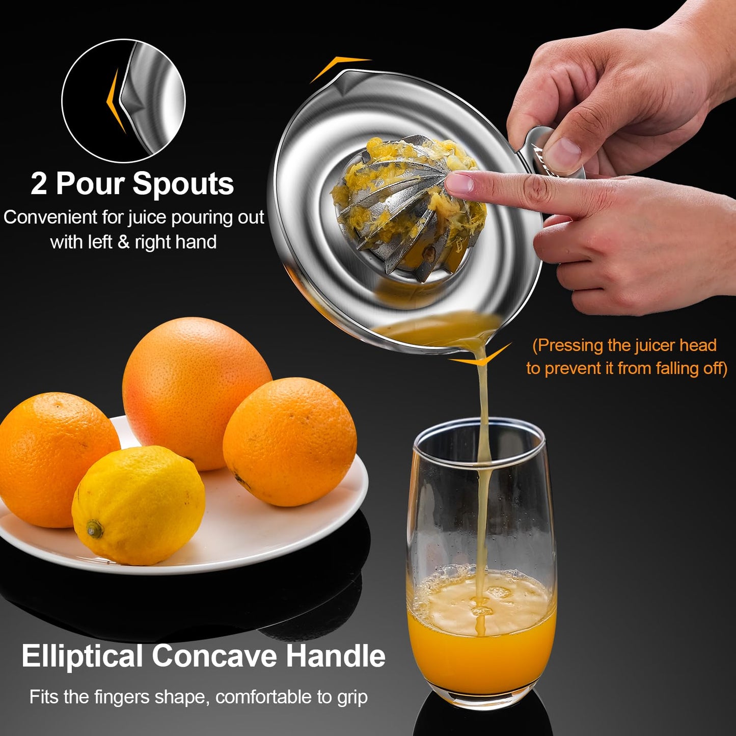 ZIGNTY Lemon Squeezer Stainless Steel, Heavy Duty Manual Hand Juicer, Premium Citrus Reamer Juicer Rotation, Lime Orange Fruit Squeezer, 200ML Container 2 Pour Spouts, Dishwasher Safe（5-Year Warranty）