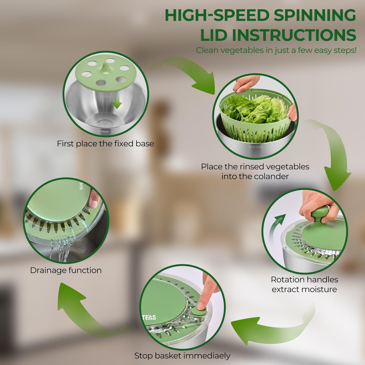 SUSTEAS Stainless Steel Salad Spinner Large, Vegetables Wash Bowl, Fruits & Herb Lettuce Dryer with 5 Blade Slicer Egg Yolk Strainer Shredder for Efficient Salad Preparation and Food Washing, 4.25Qt