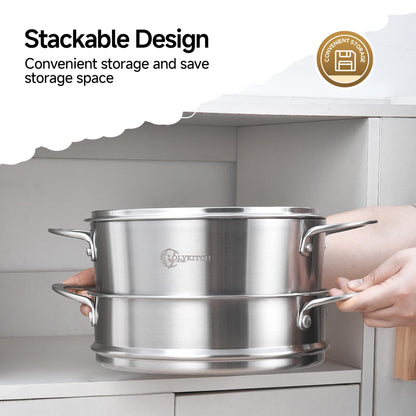 LOLYKITCH 5 Quart Stainless Steel Steamer Pot with Glass Lid, 3-Ply Steaming Pot for Cooking, 2 Tier Induction Steamer Pot for Tamales Seafood Vegetables Dumplings Stock Pot, Thick