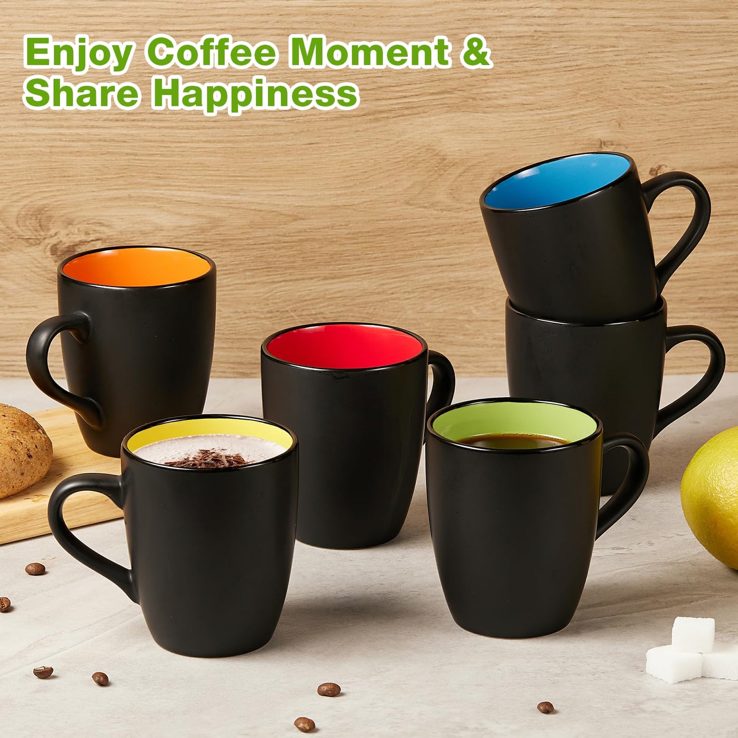 Qipecedm 6 Pack Porcelain Coffee Mugs Set, 12 Ounces Ceramic Coffee Mugs, Matte Black Coffee Mug, Restaurant Cups for Coffee, Tea, Cappuccino, Cocoa, Cereal, Black outside and Colorful inside